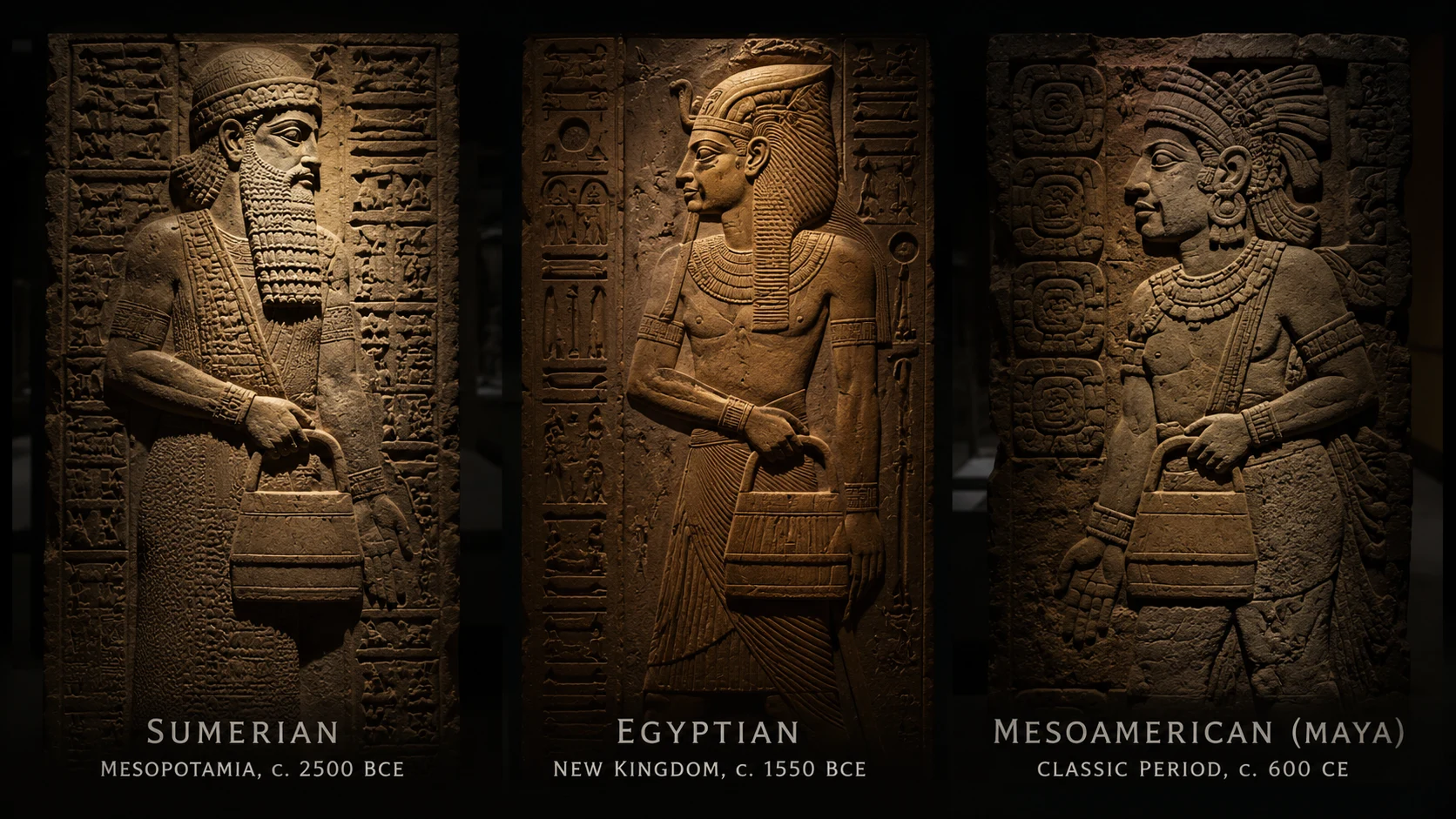 Dieselbe rätselhafte Handtasche in sumerischen, ägyptischen und Maya-Reliefs — drei Kulturen, ein identisches Objekt