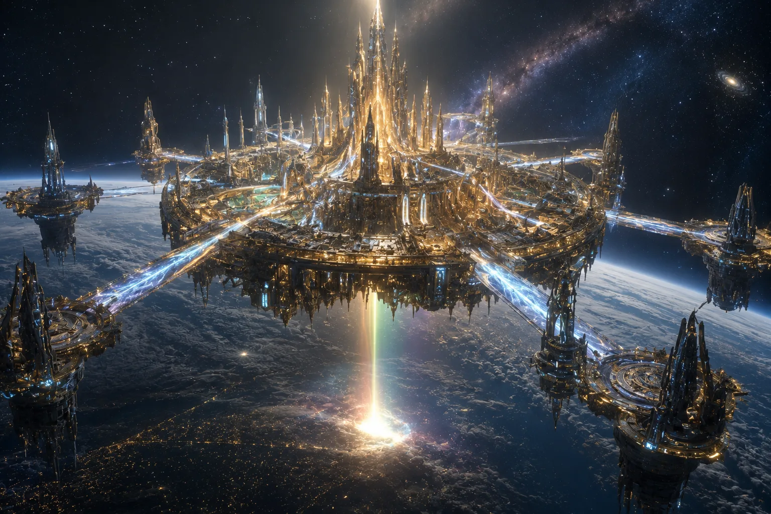 KI-Rekonstruktion: Asgard als futuristische Orbitalstation über der Erde — goldene Architektur mit leuchtenden Energiebrücken und einem Regenbogenstrahl zur Erdoberfläche