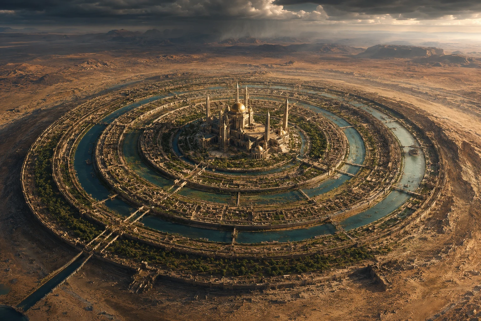 KI-Rekonstruktion der Stadt Atlantis über der Richat-Struktur — konzentrische Ringe aus Stein und Wasser um einen zentralen Tempelhügel, goldenes Abendlicht, Sahara-Wüste