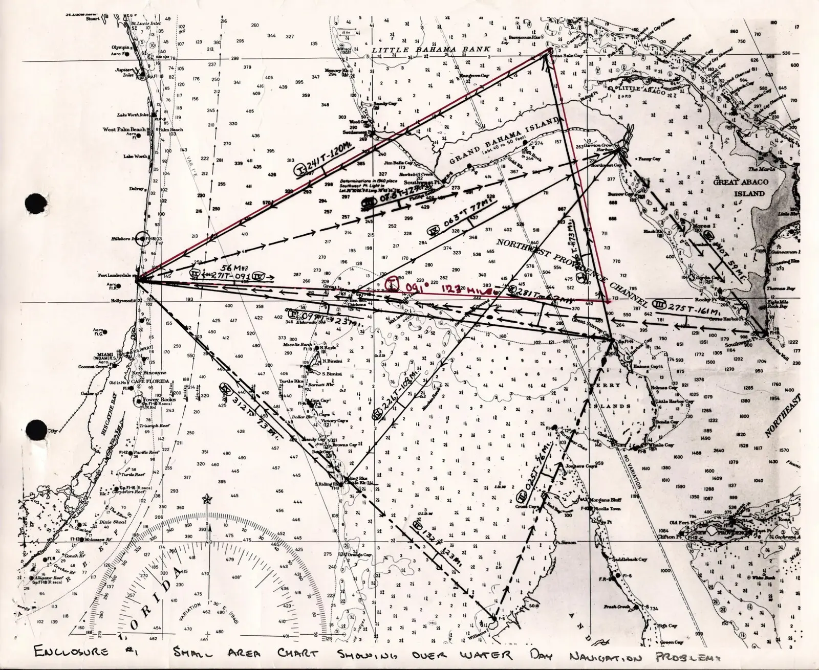 Originalkarte des Navigationsübungsflugs Nr. 1 von 1945, der als Flug 19 bekannt wurde
