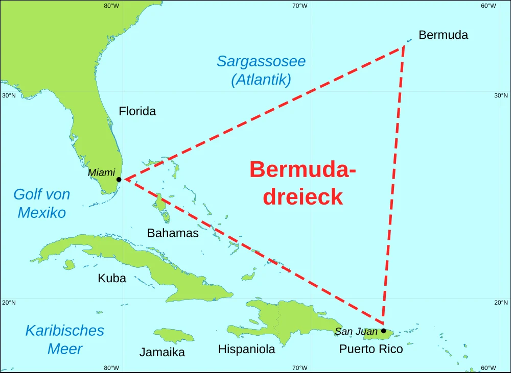 Karte des Bermuda-Dreiecks mit den Eckpunkten Miami, Bermuda und Puerto Rico
