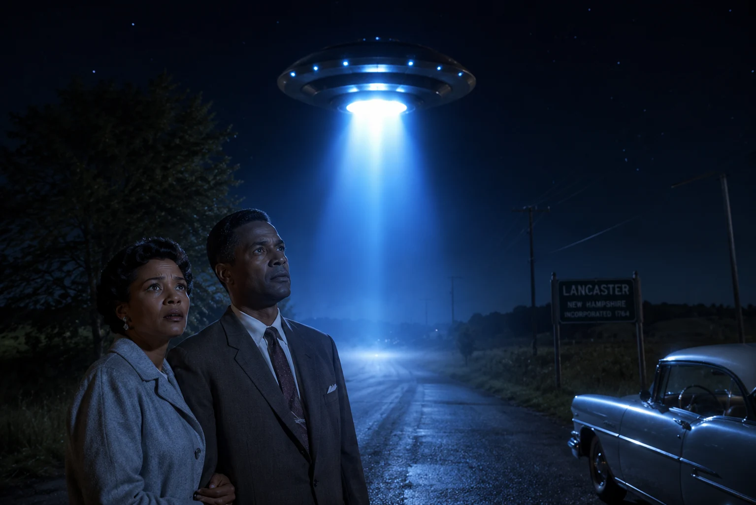 KI-Rekonstruktion: Betty und Barney Hill stehen auf einer Landstraße in New Hampshire, über ihnen schwebt ein UFO mit hellem Lichtstrahl, 1961