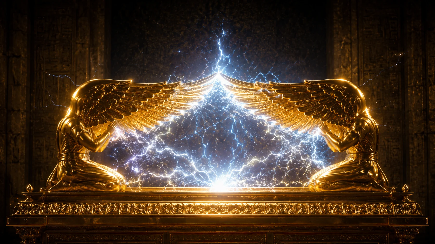 KI-Rekonstruktion der Bundeslade: zwei goldene Cherubim mit elektrischen Entladungen zwischen ihren Flügeln