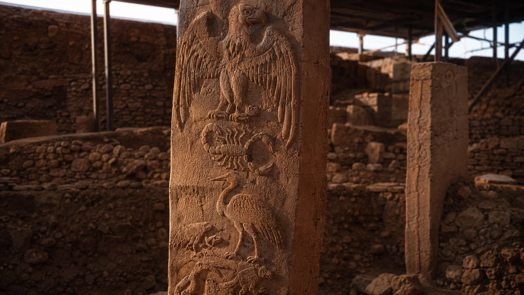 Pfeiler 43 in Göbekli Tepe — die Geierstele mit Geier, Skorpion und Kranich in vertikaler Abfolge