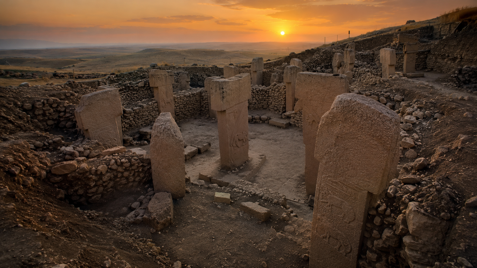 Die T-förmigen Kalksteinsäulen von Göbekli Tepe im Sonnenuntergang
