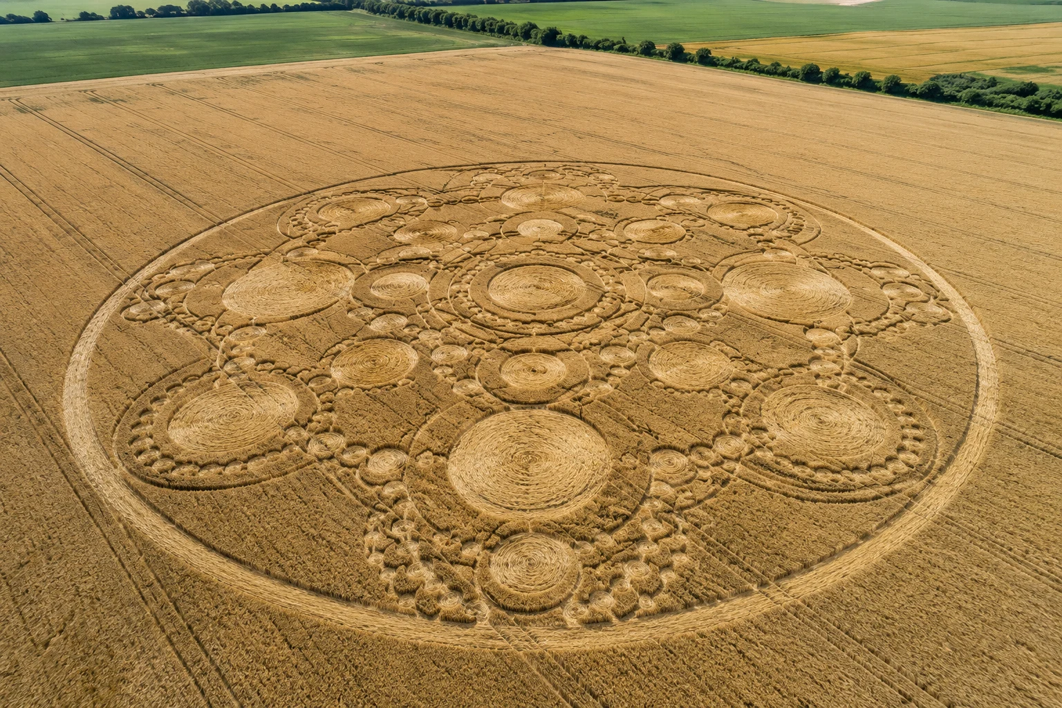 Komplexe geometrische Kornkreis-Formation aus der Vogelperspektive — mehrachsige Symmetrie mit ineinandergreifenden Kreisen verschiedener Größe in einem Weizenfeld