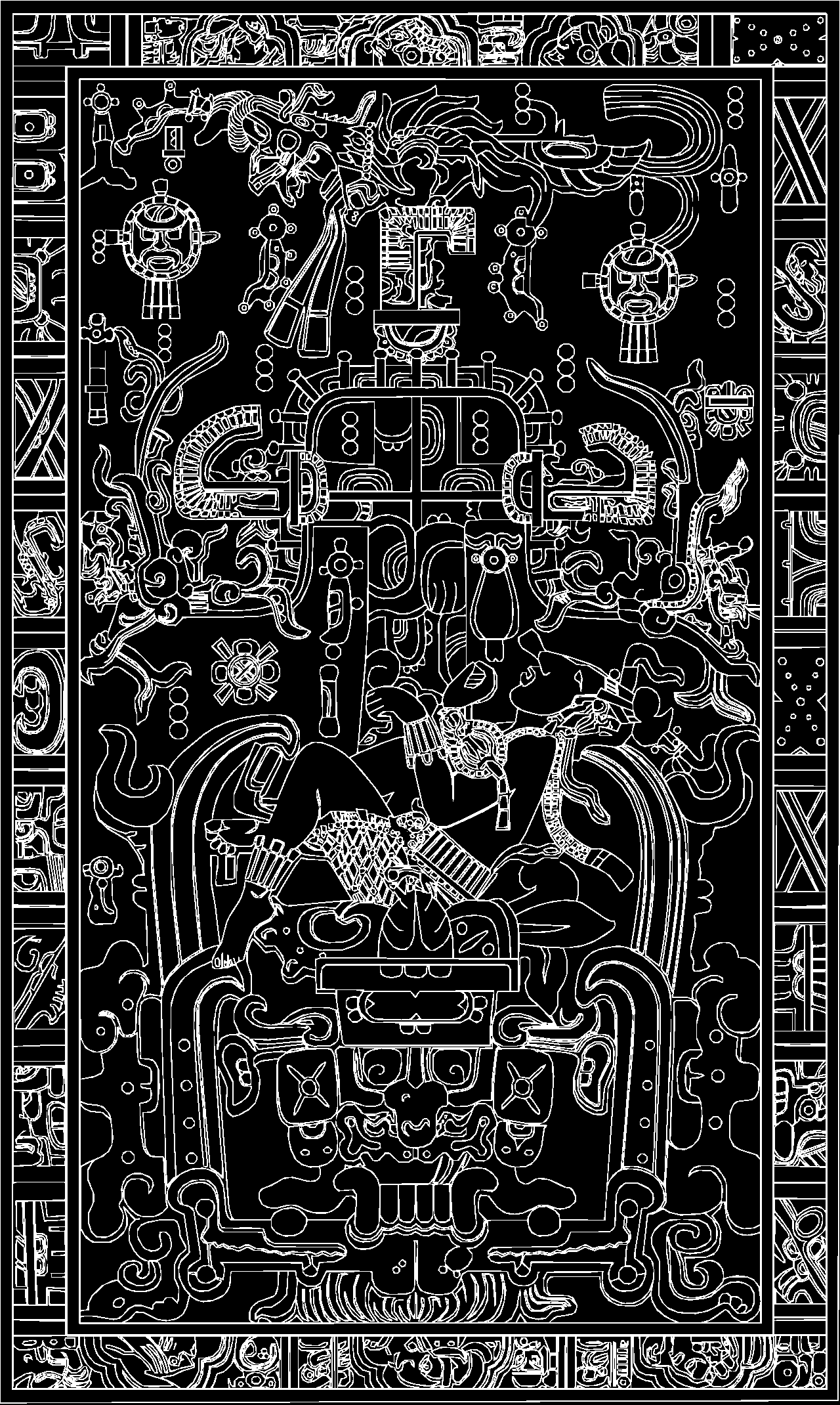 Sarkophagdeckel von Pakal dem Großen aus Palenque — die zentrale Figur in der Mitte der Reliefzeichnung
