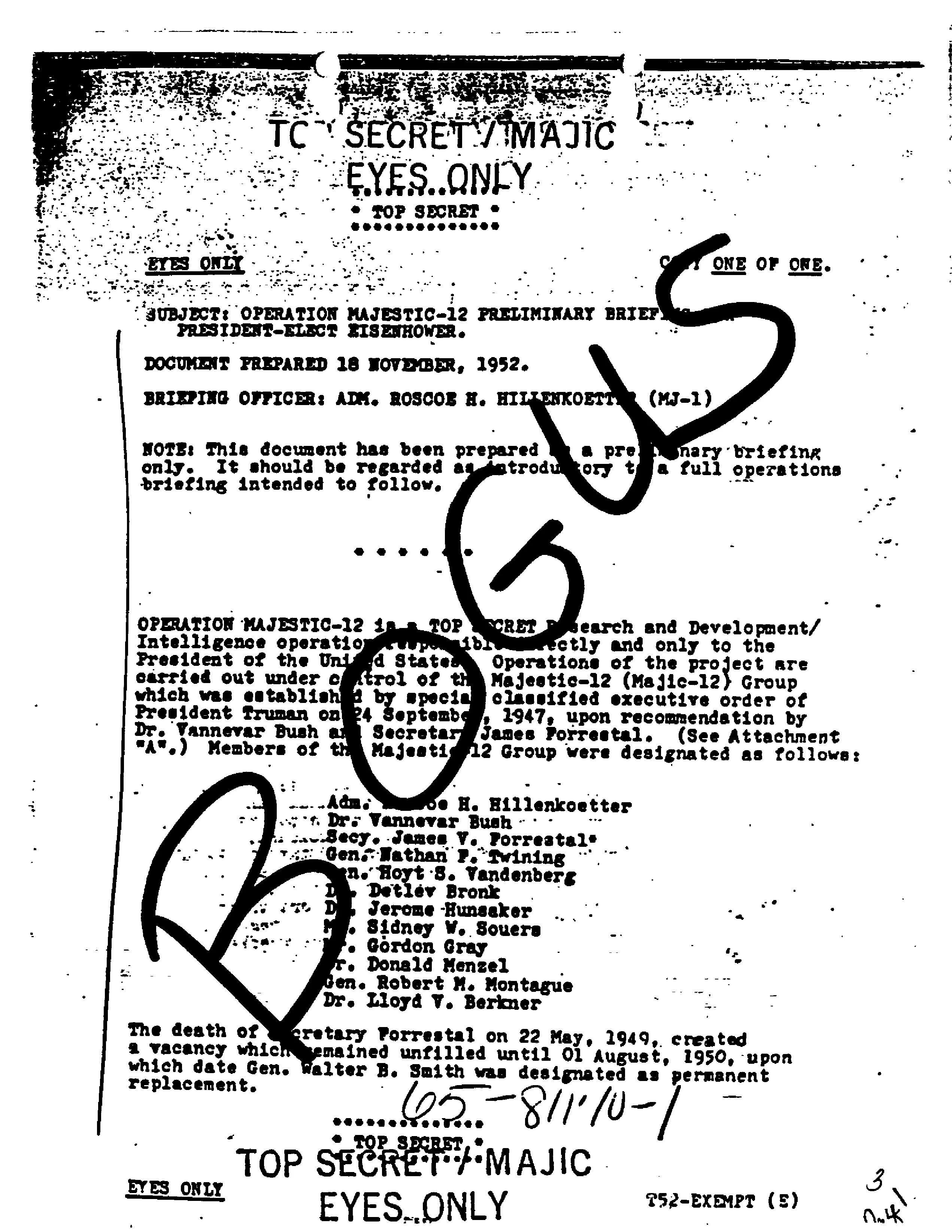 Scan einer Seite des Majestic-12 Eisenhower Briefing Documents — mit Stempel TOP SECRET / MAJIC / EYES ONLY — eines der angeblichen US-Regierungsdokumente über außerirdischen Kontakt