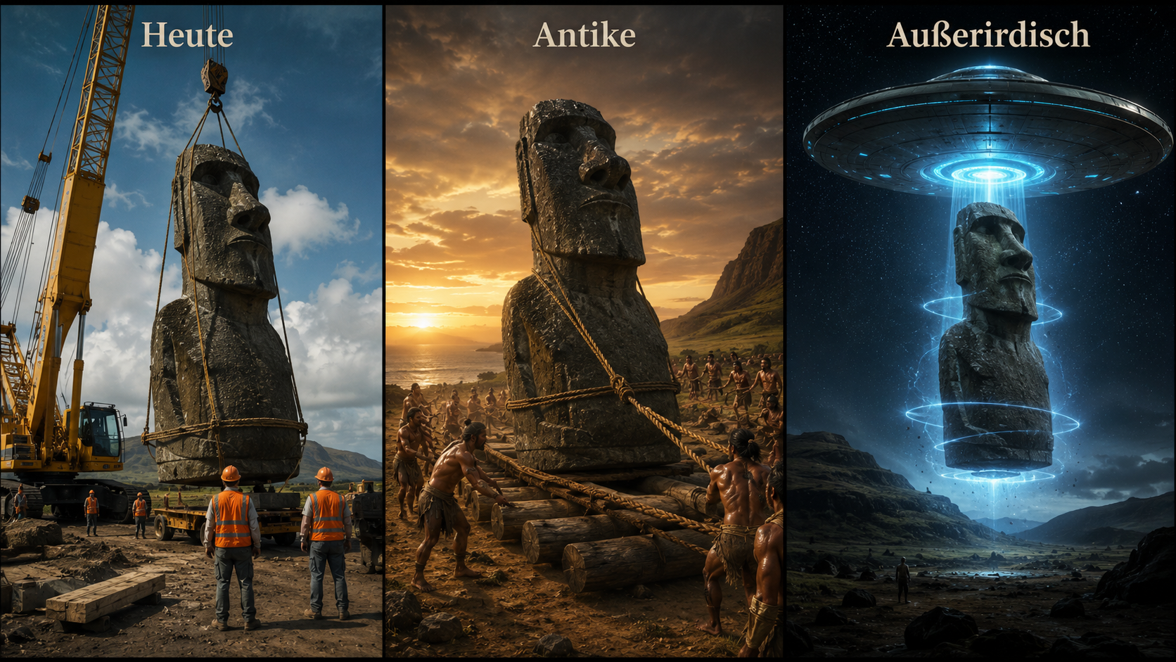 Triptychon: Moai-Transport heute mit Kran, in der Antike mit Seilen, und durch außerirdische Technologie
