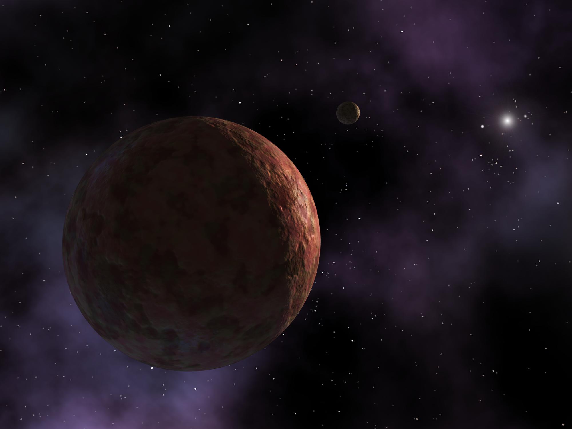 Künstlerische Darstellung von Sedna — ein roter Planet im äußeren Sonnensystem, weit entfernt von der Sonne