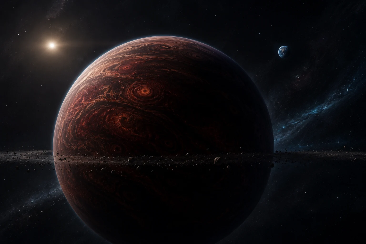 KI-Rekonstruktion von Nibiru — ein massiver dunkler Planet am Rand des Sonnensystems, von der fernen Sonne kaum erhellt, mit rötlich-brauner Oberfläche und Sturmwirbeln, die kleine blaue Erde im Hintergrund