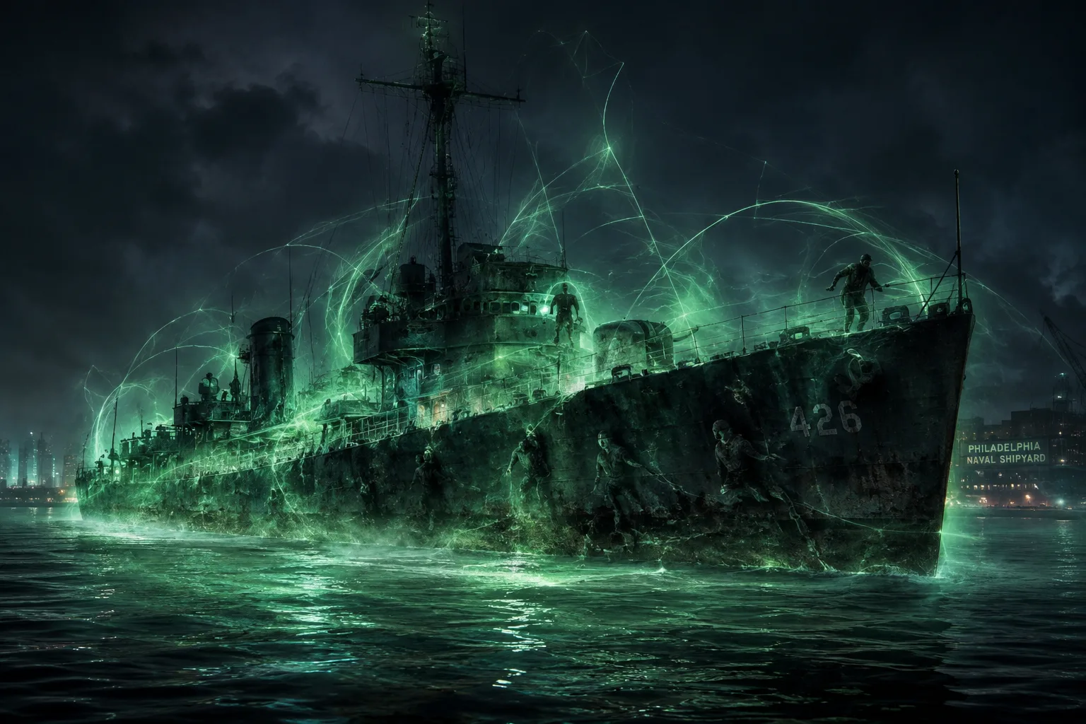 KI-Rekonstruktion: US-Zerstörer im Hafen von Philadelphia bei Nacht, umhüllt von einem grünen elektromagnetischen Feld, Besatzungsmitglieder im Nebel, dramatische Militäratmosphäre