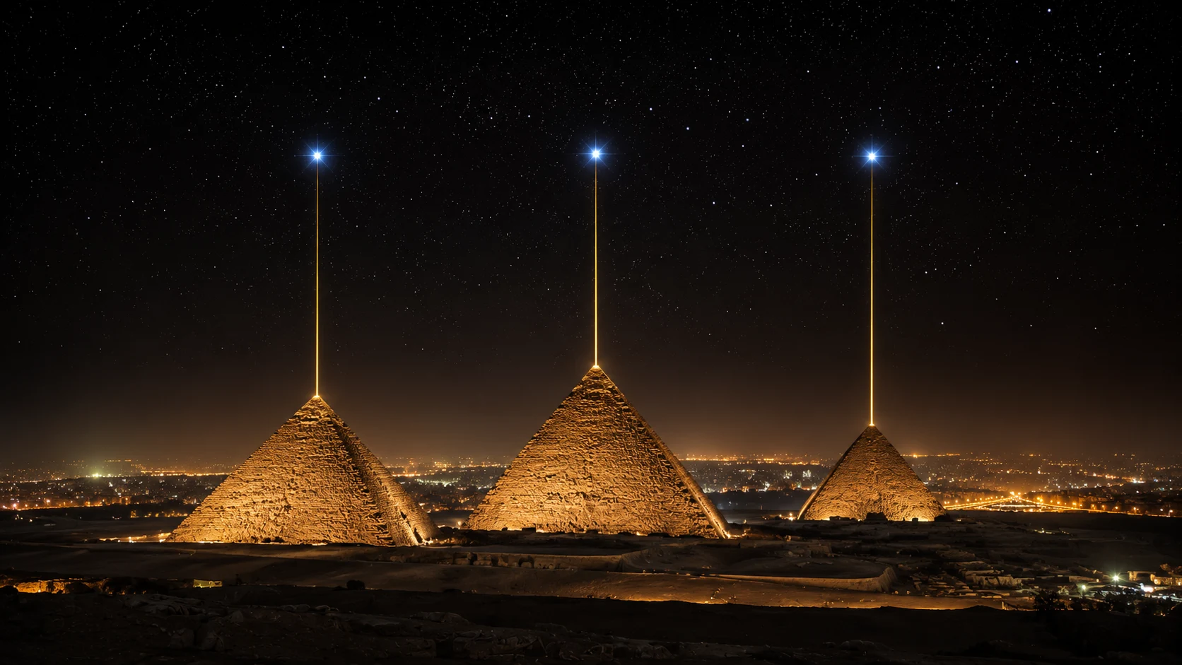 Luftaufnahme der drei Pyramiden von Gizeh bei Nacht, darüber die drei Sterne des Oriongürtels mit goldenen Verbindungslinien
