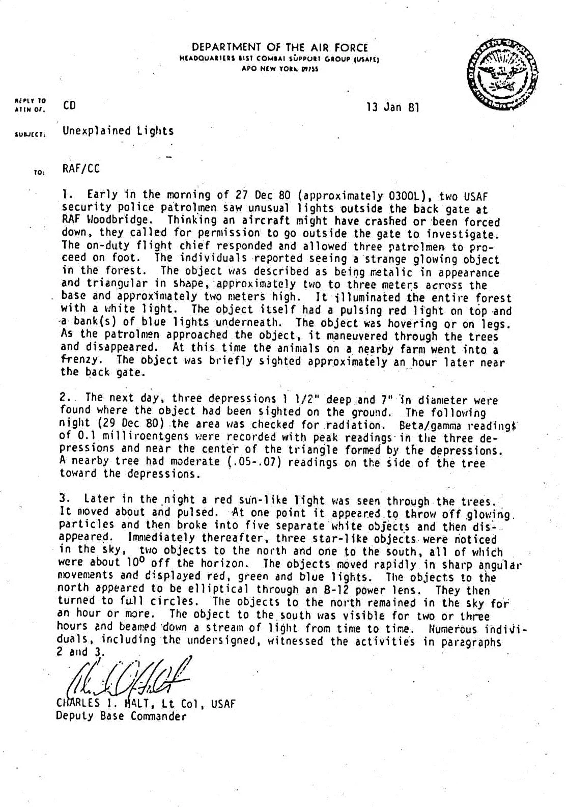 Das Halt-Memorandum vom 13. Januar 1981: offizielles US-Militärdokument über den Rendlesham-Forest-Vorfall, adressiert an das britische Verteidigungsministerium mit Betreff 'Unexplained Lights'