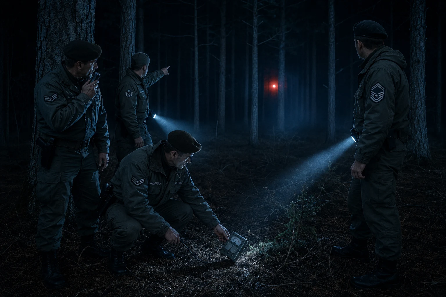 KI-Rekonstruktion: US-Soldaten mit Geigerzähler und Diktiergerät in einem dunklen englischen Kiefernwald, ein rotes pulsierende Licht in der Ferne zwischen den Baumstämmen