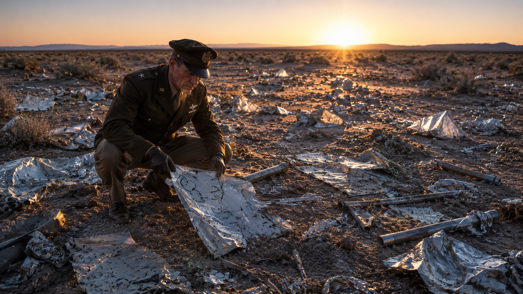 KI-Rekonstruktion: US-Militäroffizier in 1940er-Uniform untersucht bei Sonnenaufgang verstreute metallische Trümmer in der Wüste von New Mexico